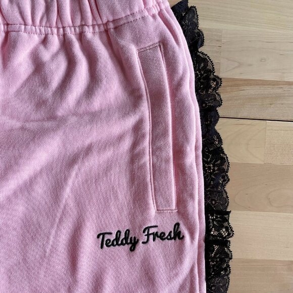 Teddy Fresh Women's Pink Sweatpants with Black Lace Trim size Small NWT NEW - Picture 2 of 6